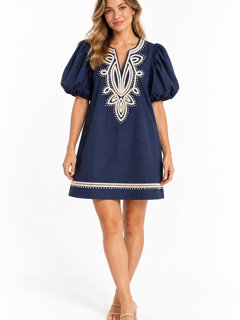 PINCH Navy Embroidered Cotton Puff Sleeve Shift Dress Small with Pockets
